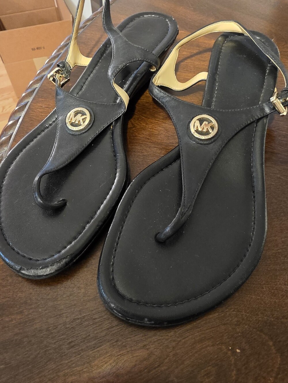 Michael Kors Black Gold Logo Thong Sandals